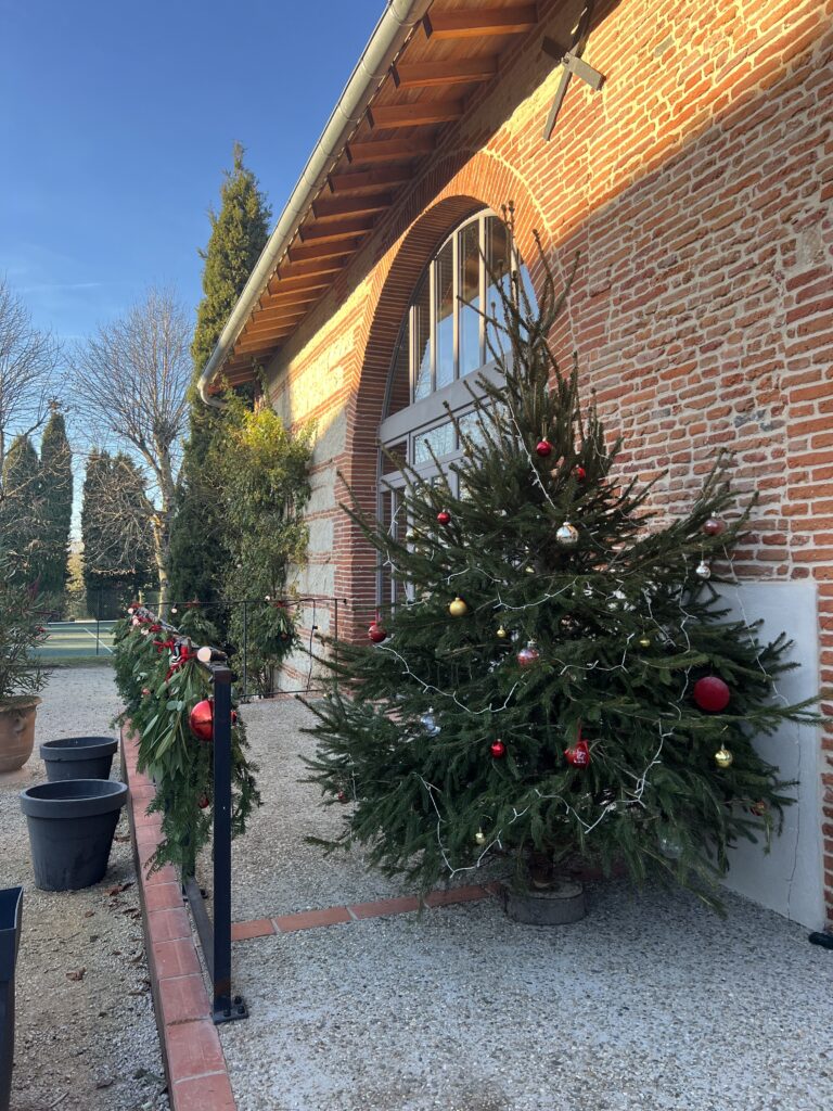 Décorations pour le marché de Noël de Gailhaguet, sapins, boules de Noël